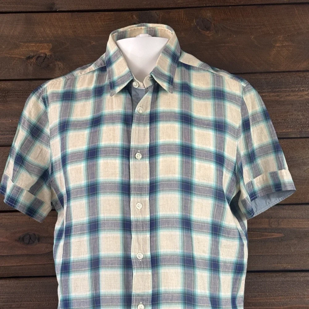 Boss Orange by Hugo Boss Mens M Shirt Blue White Plaid Print Linen Short Sleeves